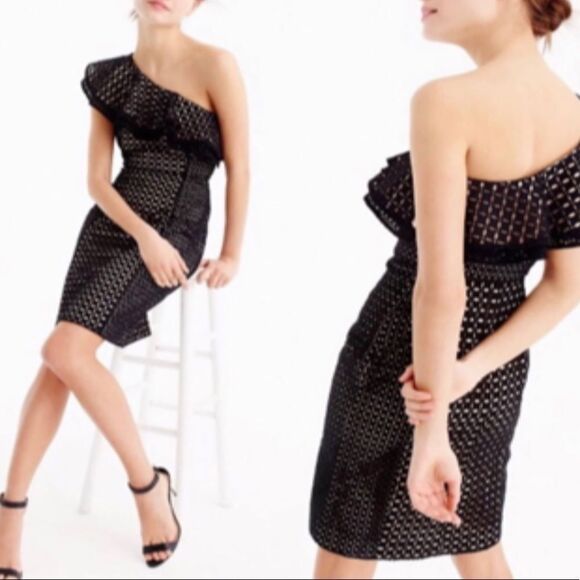 J Crew Collection One Shoulder Ruffle Eyelet Black Dress Size 2 - Picture 2 of 14